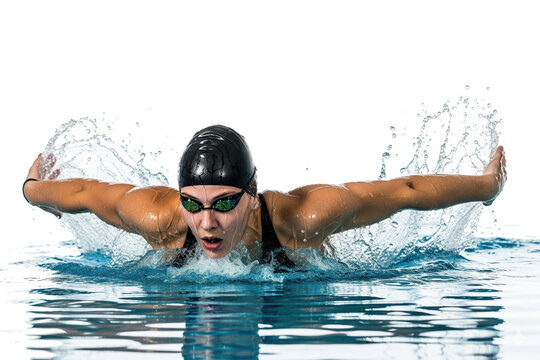 Powerful female athlete with strong shoulders swimming the butterfly stroke during a competition.