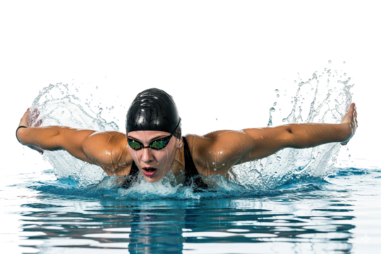 Powerful female athlete with strong shoulders swimming the butterfly stroke during a competition.
