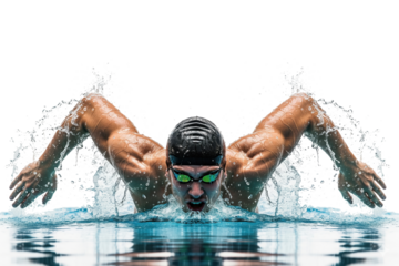 Intense front view of a muscular male swimmer performing the butterfly stroke with power.