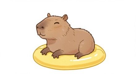 Fototapeta premium a cute cartoon capybara floating on tiny inflatable raft with calm smile in a cozy colorful watercolor style llustration