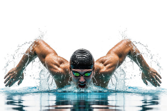 Intense front view of a muscular male swimmer performing the butterfly stroke with power. - Powered by Adobe