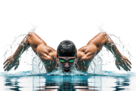 Intense front view of a muscular male swimmer performing the butterfly stroke with power.