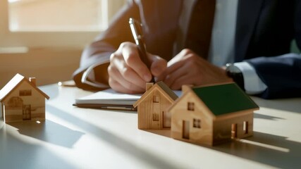 Businessman signing real estate contract with miniature wooden house models on desk showing property investment, mortgage, and financial planning