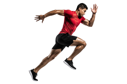 Muscular male athlete in a powerful sprinting pose