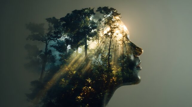 fine art composition of translucent human head with tiny forest and sunlight beams inside, serene natural tones, emotional and meditative, 