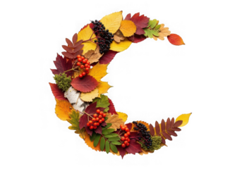 Crescent moon shape made autumn leaves berries, isolated on transparent background