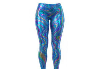 Iridescent athletic leggings with wavy textured pattern, reflecting colorful light, isolated on transparent background