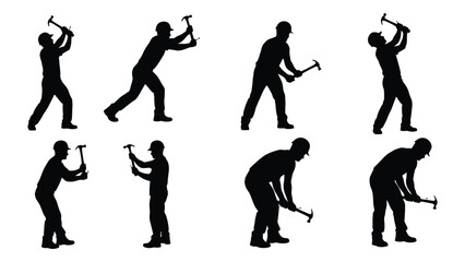 Construction worker with hammer silhouettes isolated on white background, Vector