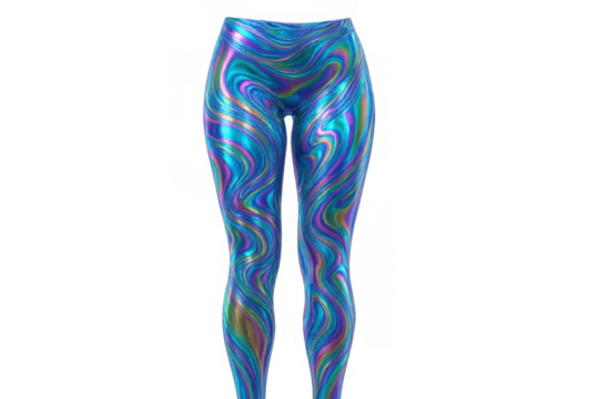 Iridescent athletic leggings with wavy textured pattern, reflecting colorful light, isolated on transparent background - Powered by Adobe