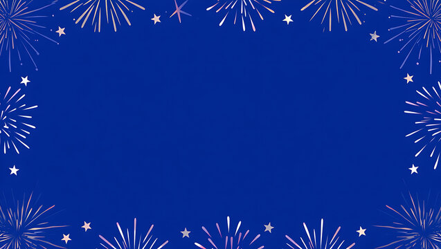 Festive fireworks border design on a deep blue background, perfect for celebration announcements and holiday greetings