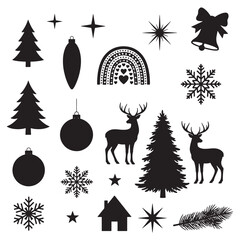 Christmas & Winter Silhouette Vector Bundle: Trees, Reindeer, Snowflake, Rainbow, Bell, and Stars Icons
