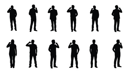 Silhouettes of people interacting with small devices isolated on white background, Vector