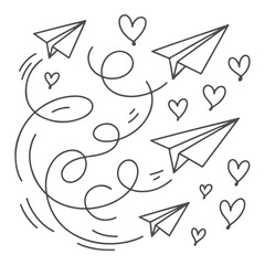 Playful hand drawn paper planes with swirling hearts