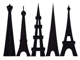 Silhouette of five famous towers with unique architectural styles, black outline on transparent background, minimalistic and modern design, suitable for travel or architecture themes