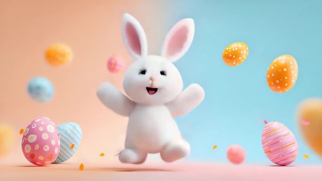 Excited Easter Bunny jumping mid-air with colorful confetti and decorated Easter eggs floating on soft pastel background