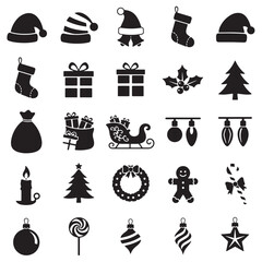 Full Christmas Silhouettes Icon Pack: Santa Hat, Sleigh, Gift, Stocking, Wreath, and Ornament Vectors