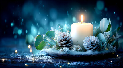 Warm glowing candle amidst frosted pinecones and eucalyptus leaves evokes serene winter holiday ambiance and peaceful festive moments