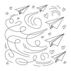 Playful hand drawn paper planes with swirling hearts
