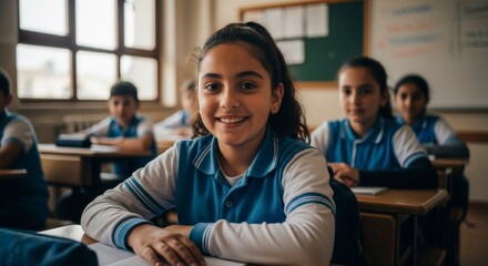 Obraz premium Classroom Confidence: A focused and smiling girl sits in a classroom, representing educational empowerment and the pursuit of knowledge.