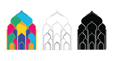 architectural designs featuring colorful and monochrome patterns in ornate window shapes