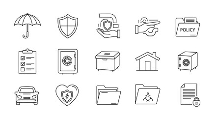 A diverse set of outline vector icons depicting essential insurance services, financial protection, and security concepts for modern business and personal finance