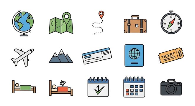 Vibrant travel and vacation icon set featuring essential elements like global destinations, transportation, lodging, and planning, perfect for digital design