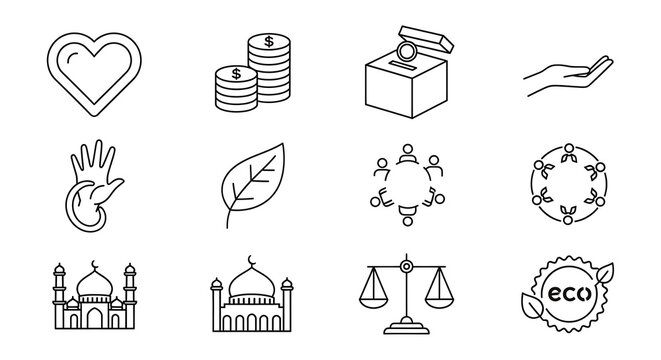 A minimalist outline icon set illustrating concepts of charity, community, social justice, and environmentalism