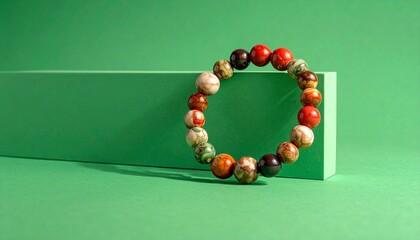 Multicolored beaded bracelet with round stones leaning against green block on monochromatic green background for editorial accessory photography wellness decor and poetic craftsmanship-themed visuals