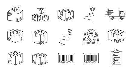 Set of Shipping and Logistics Icons Boxes, Trucks, Maps, and Barcodes for Delivery Services