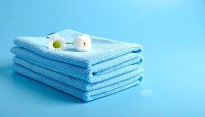 Two folded light blue towels stacked on smooth matching surface for editorial home photography cleanliness decor and poetic serenity-themed visuals