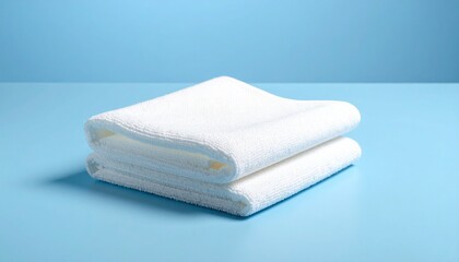 Two folded light blue towels stacked on smooth matching surface for editorial home photography cleanliness decor and poetic serenity-themed visuals
