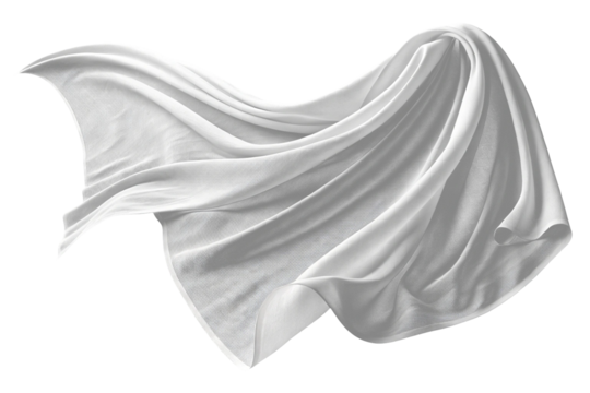 Silk's lustrous silver fabric flutters in the breeze against a transparent background. Composition material. Already cut out.