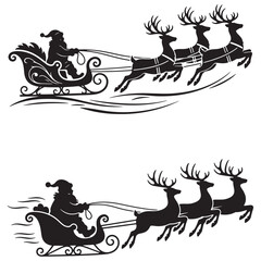 Santa Claus and Reindeer Sleigh Silhouette Vector Set: Flying Sleigh Christmas Cutout Graphic