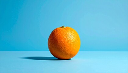 Single orange fruit centered on light blue background with textured peel for editorial food photography minimalist decor and poetic freshness-themed visuals