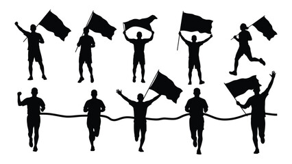 Running and flag waving silhouettes isolated on white background, Vector