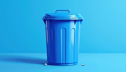 Blue plastic trash can with lid and wheels on smooth blue surface surrounded by scattered debris for editorial urban photography minimal decor and poetic utility-themed visuals