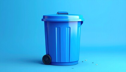 Blue plastic trash can with lid and wheels on smooth blue surface surrounded by scattered debris for editorial urban photography minimal decor and poetic utility-themed visuals