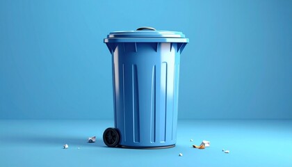 Blue plastic trash can with lid and wheels on smooth blue surface surrounded by scattered debris for editorial urban photography minimal decor and poetic utility-themed visuals