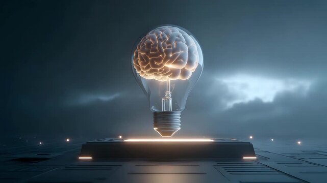 Floating light bulb with glowing brain core above futuristic platform, dramatic lighting and soft glow defining thought energy