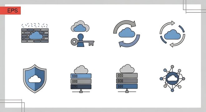 Collection of cloud computing and cybersecurity icons for digital services and network security