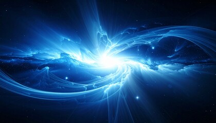 Abstract cosmic energy burst with glowing blue center and swirling plasma patterns on dark background for editorial science photography theoretical decor and poetic infinity-themed visuals