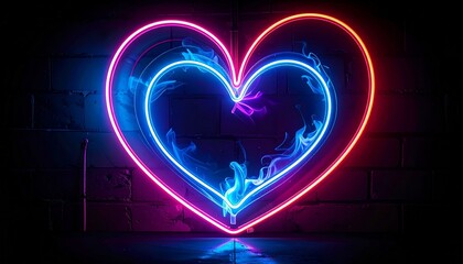 Blue neon heart glowing on dark textured wall with soft reflections for editorial lifestyle photography modern decor and poetic connection-themed visuals