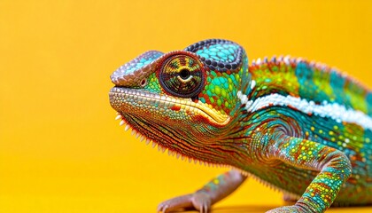 Colorful chameleon with vivid skin patterns and focused eye against bright yellow background for editorial wildlife photography nature decor and poetic adaptation-themed visuals