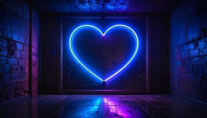 Blue neon heart glowing on dark textured wall with soft reflections for editorial lifestyle photography modern decor and poetic connection-themed visuals
