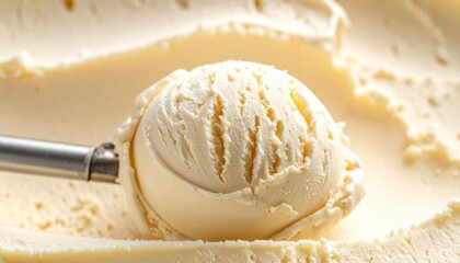 Close-up of vanilla ice cream scoop with smooth texture lifted by metal scooper for editorial dessert photography culinary decor and poetic indulgence-themed visuals