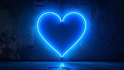 Blue neon heart glowing on dark textured wall with soft reflections for editorial lifestyle photography modern decor and poetic connection-themed visuals
