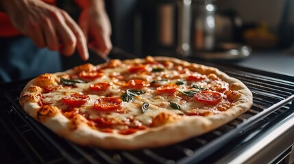 Delicious pizza topped with pepperoni and basil is being sliced on a cooling rack, highlighting the golden crust and inviting kitchen atmosphere