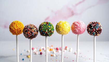 Colorful cake pops with icing and sprinkles arranged in row against bright blue background for editorial dessert photography celebration decor and poetic indulgence-themed visuals