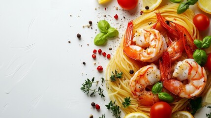 Delicious shrimp pasta dish with prawns, basil, tomatoes, and lemon, artistically arranged on a white plate, highlighting fresh ingredients and vibrant presentation