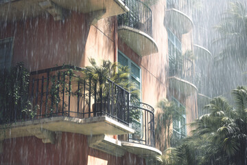 Tropical Monsoon Downpour On Pastel Low-Rise Estate, Slanting Rain Past Wrought-Iron Balconies, Tight Corner Detail, Puddle Reflections